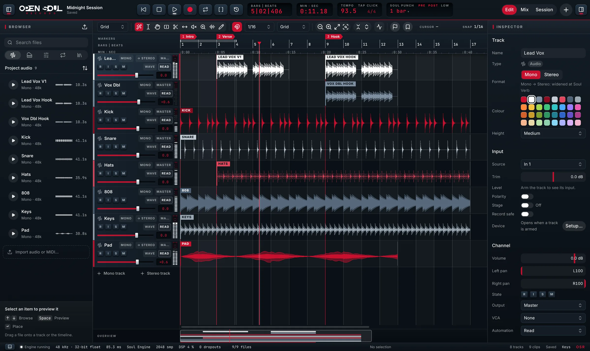 Soul Studio's Edit window playing a session at 93.5 BPM: eight tracks of waveforms under the Intro, Verse and Hook markers, the browser on the left and the inspector on the right.