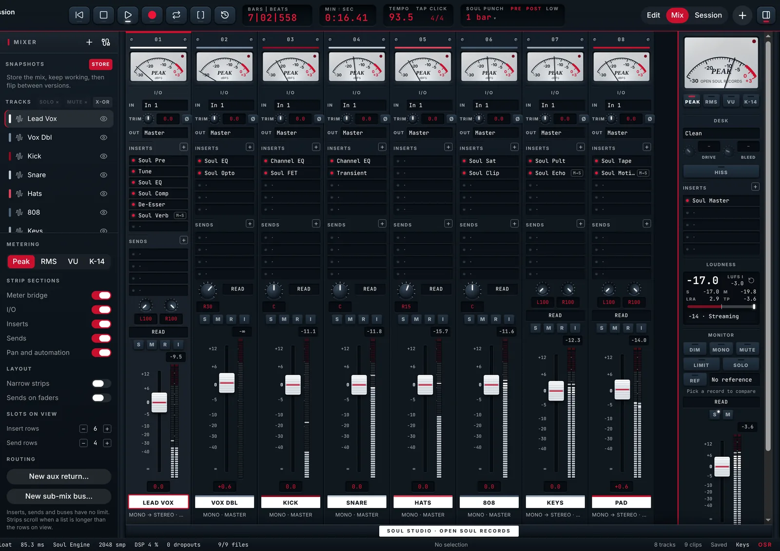 Soul Studio's Mix window: eight console strips with needle meters, inserts, sends and faders, and the master section with loudness and monitor controls.