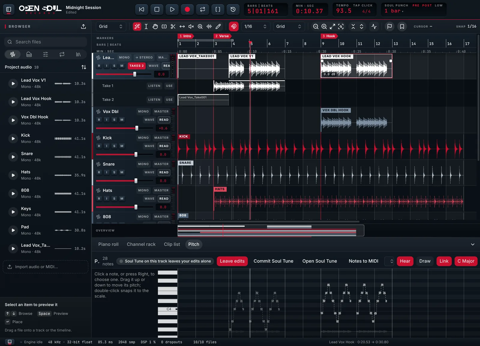 Soul Studio's Edit window with the Pitch editor open under the timeline, a vocal's notes ready to tune.