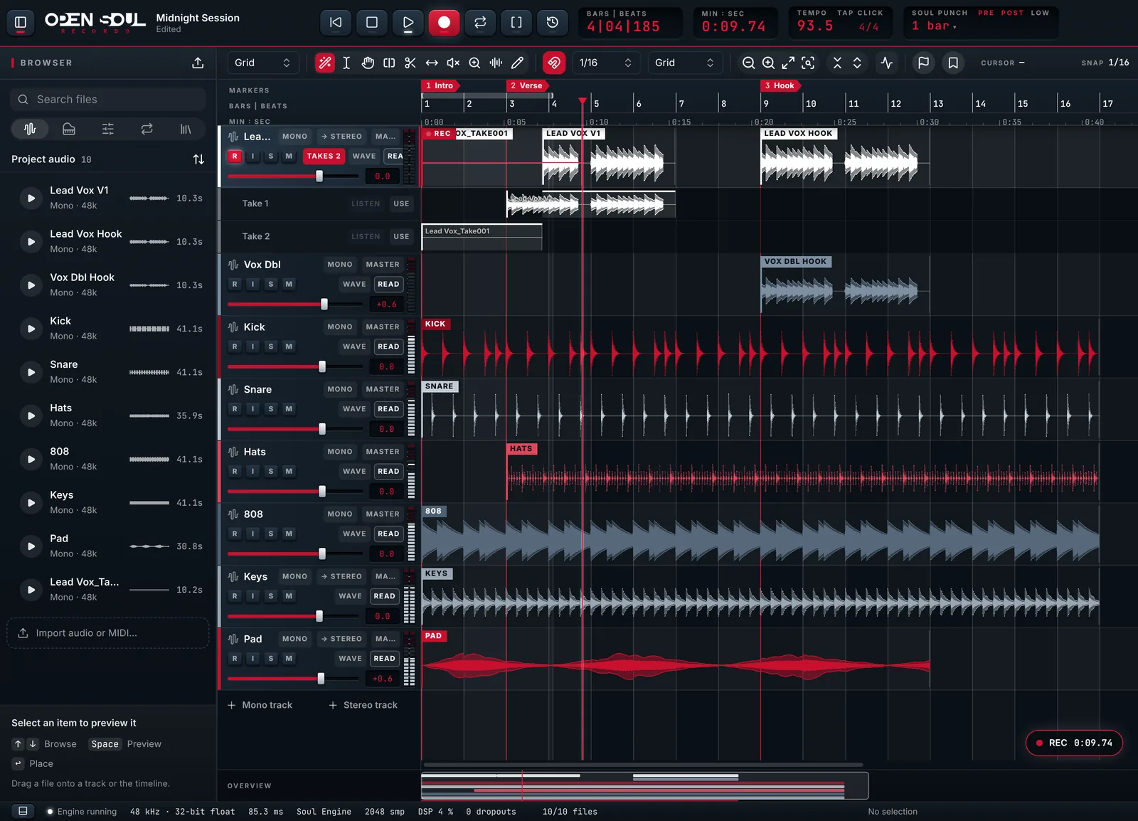 Soul Studio recording: the Lead Vox track armed, its take drawn in lit crimson as it lands.